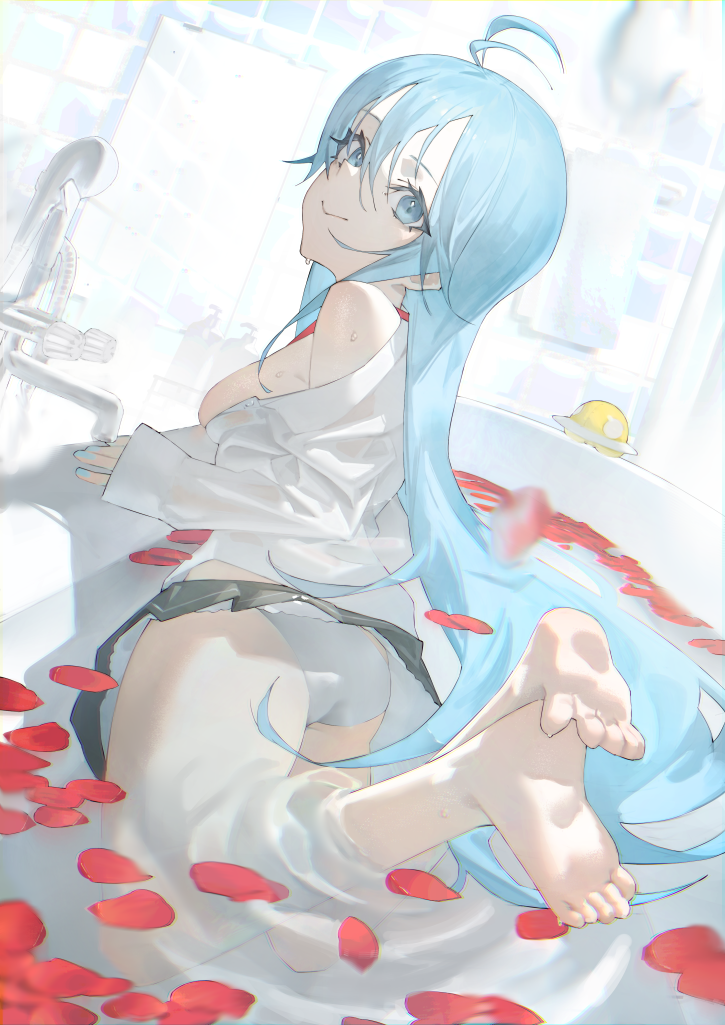 1girl antenna_hair ass barefoot bath bathtub black_skirt blue_eyes blue_hair breasts closed_mouth commentary denpa_onna_to_seishun_otoko feet from_behind full_body indoors kneeling long_hair long_sleeves looking_at_viewer looking_back mi8pq microskirt panties petals pleated_skirt rose_petals shirt single_off_shoulder skirt small_breasts soles solo toes touwa_erio underwear very_long_hair wading wet white_panties white_shirt