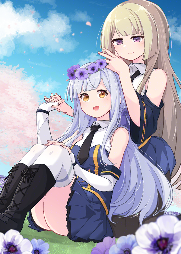 2girls :d assault_lily bare_shoulders behind_another black_boots black_pantyhose blonde_hair blue_shirt blue_skirt blunt_bangs blurry blurry_foreground blush boots breasts cherry_blossoms closed_mouth collared_shirt commentary_request commission day detached_sleeves elbow_gloves falling_petals feet_out_of_frame fingerless_gloves fingernails flower flower_wreath gloves grey_hair hand_on_own_knee hands_up head_wreath holding holding_hands holding_wreath interlocked_fingers knee_boots kneeling knees_up kon_kanaho lace-up_boots long_hair looking_at_another looking_down looking_to_the_side looking_up medium_breasts miniskirt miyagawa_takane morugen multiple_girls odaiba_girls_high_school_uniform on_ground open_mouth outdoors pantyhose petals pleated_skirt purple_eyes purple_flower school_uniform shirt short_sleeves sidelocks sideways_glance sitting skeb_commission skirt sleeveless sleeveless_shirt smile thighhighs tree two-tone_shirt very_long_hair white_gloves white_shirt white_thighhighs wide_sleeves yellow_eyes yuri