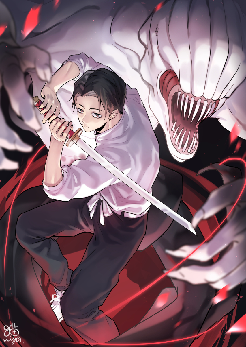 1boy 1other bags_under_eyes belt black_background black_hair black_pants closed_mouth cursed_energy_(jujutsu_kaisen) cursed_spirit_(jujutsu_kaisen) fighting_stance highres holding holding_sword holding_weapon jacket jujutsu_kaisen jujutsu_tech_uniform katana long_sleeves looking_at_viewer male_focus monster neko_miya okkotsu_yuuta open_mouth orimoto_rika pants red_aura school_uniform shikigami shoes short_hair signature simple_background sneakers sword weapon white_belt white_jacket white_shoes