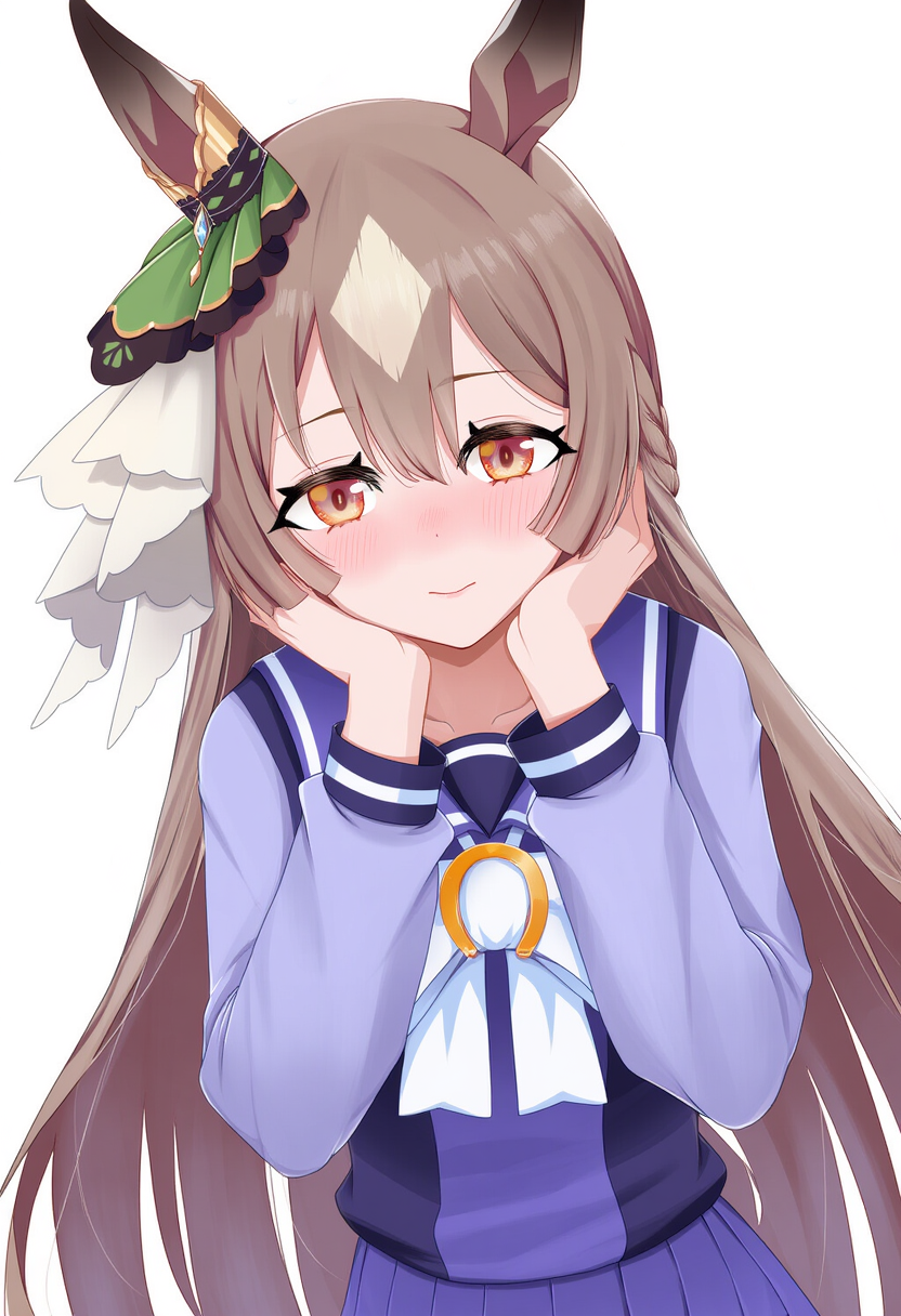 animal_ears blush brown_hair ear_ornament flustered hands_on_own_face highres horse_ears horse_girl long_hair satono_diamond_(umamusume) school_uniform tagme tracen_school_uniform umamusume yik_(pixiv91541444)