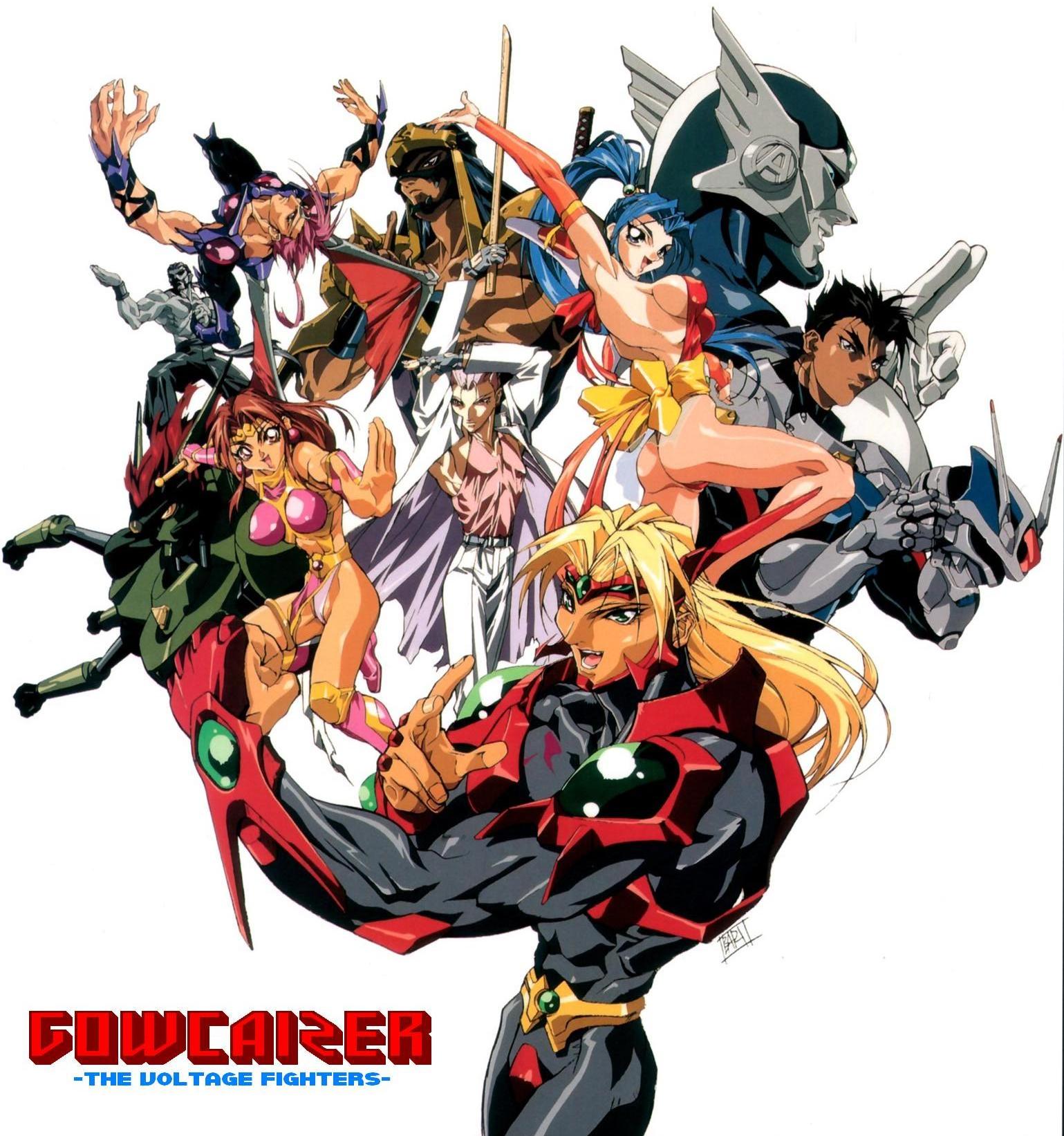 1990s_(style) 2girls 6+boys armor ass battle_master_sheng_long black_hair blonde_hair blue_hair bodysuit bokken breasts brider brown_hair choujin_gakuen_gowcaizer copyright_name everyone fang fudomaru gowcaizer high_ponytail highres hishizaki_shaia_(gowcaizer) kaiza_gouichiro kaiza_isato kash_gyustan kyosuke large_breasts leotard long_hair looking_at_viewer marion_(gowcaizer) martial_arts mask multiple_boys multiple_girls muscular oobari_masami open_mouth ponytail poster_(medium) power_armor power_suit randy_riggs retro_artstyle revealing_clothes robot scan shigure_kyosuke short_hair sideboob simple_background skin_tight smile son_karin spandex stick sword tachibana_ikki tan technos thong_leotard weapon white_background wings wooden_sword