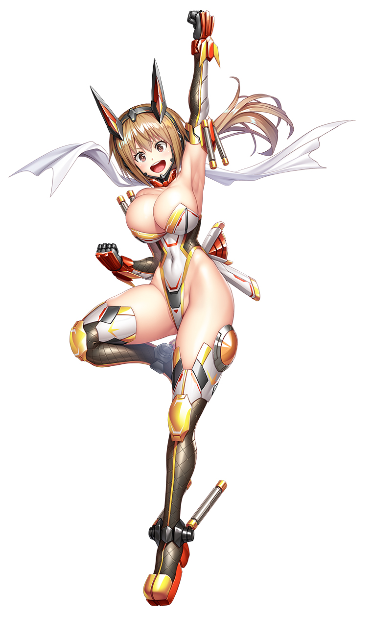 1girl asahi_(fullmetal_madness) breasts brown_hair cleavage covered_navel full_body gauntlets highleg highleg_leotard highres large_breasts leotard official_art open_mouth scarf solo standing standing_on_one_leg strapless strapless_leotard taimanin_(series) taimanin_rpgx utashima_mugi white_background white_scarf