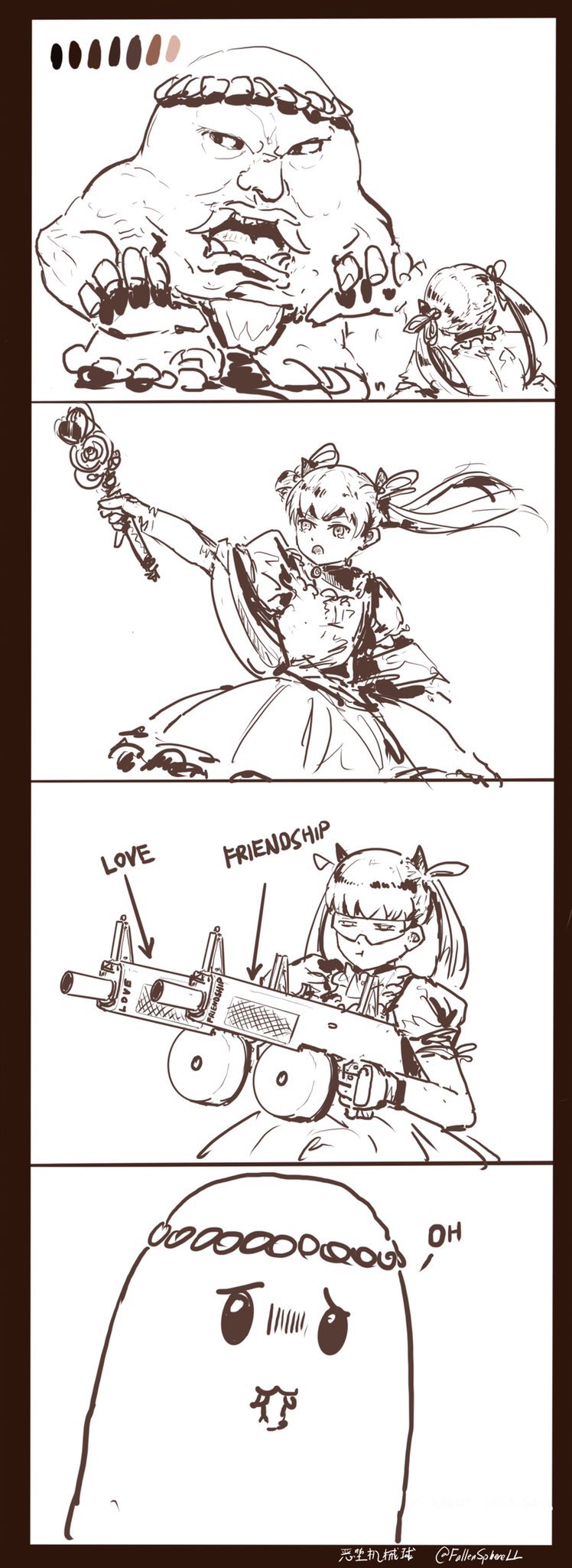 1girl 4koma :t aa-12 aiming arrow_(symbol) artist_name automatic_shotgun black_border border color_guide combat_shotgun comic commentary dress drum_magazine dual_wielding english_commentary english_text fallenspherell frilled_dress frills gloves goggles greyscale gun hand_up high-capacity_magazine highres holding holding_gun holding_wand holding_weapon magazine_(weapon) magical_girl monochrome monster original rifle shotgun signature speech_bubble twintails twitter_username wand weapon white_background