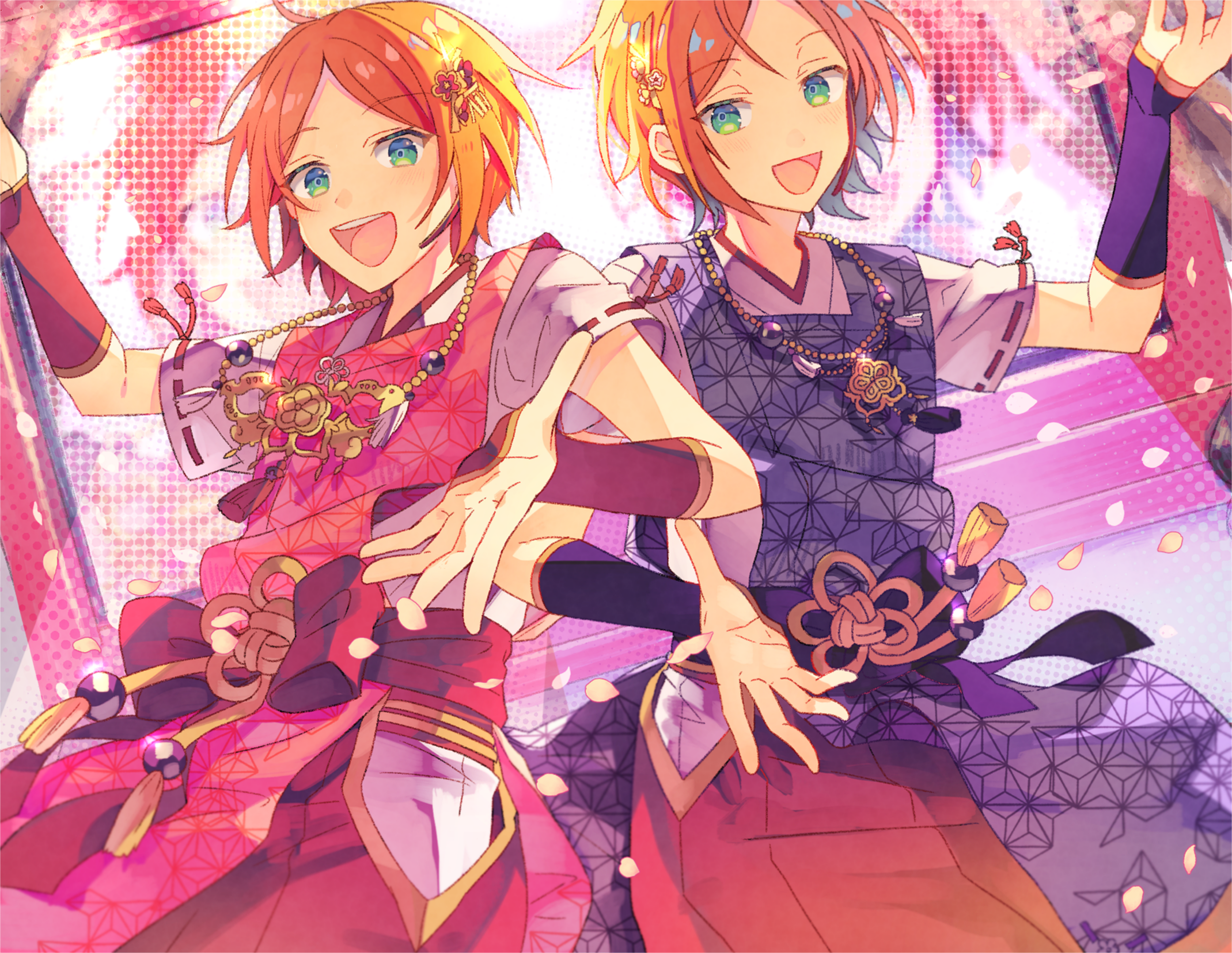 2boys aoi_hinata aoi_yuta brothers ensemble_stars! eyelashes green_eyes hair_ornament highres idol japanese_clothes jewelry looking_at_viewer male_focus multiple_boys nagatsukiariake necklace open_mouth orange_hair outstretched_arms petals ribbon-trimmed_sleeves ribbon_trim short_hair siblings tassel twins