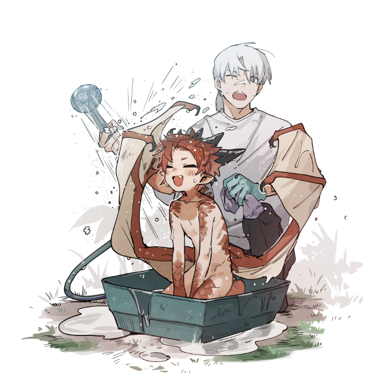 2boys basin bath child closed_eyes commentary dragon_boy dragon_horns dragon_wings fang gloves grass holding holding_rag holding_shower_head horns male_focus monster_boy mullmull02 multiple_boys nude one_eye_closed original pointy_ears ponytail puddle red_hair shirt short_hair shower_head simple_background sitting symbol-only_commentary taras-kun_(mullmull02) washing_another water wet white_background white_hair white_shirt wings