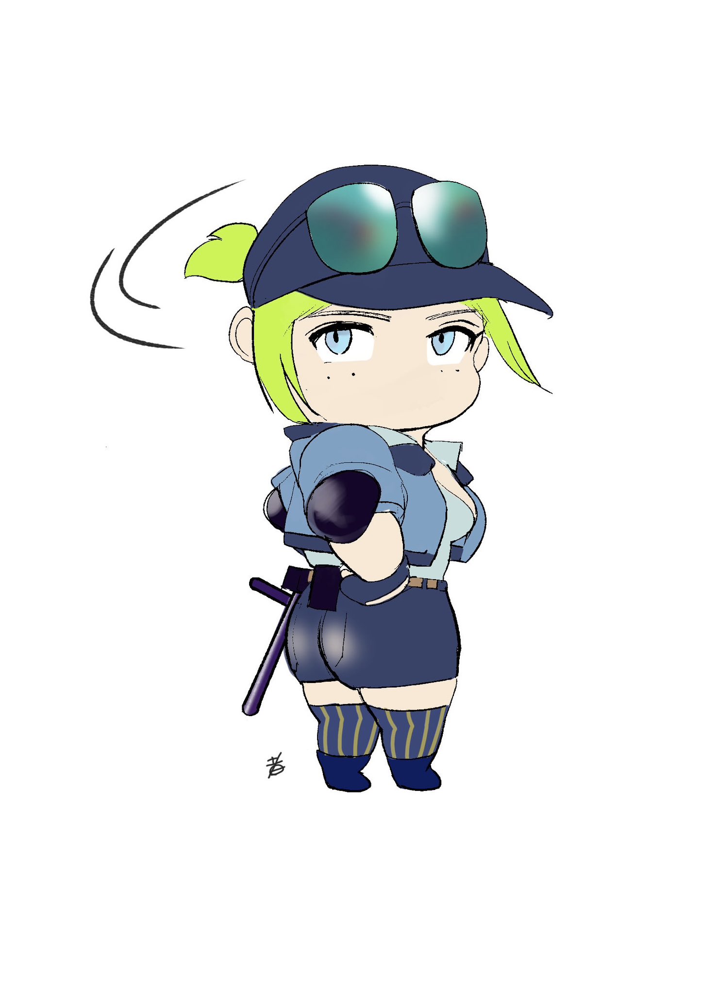 1girl ass baton_(weapon) blonde_hair blue_eyes breasts capcom chibi elbow_pads final_fight final_fight_3 hands_on_own_hips hat highres hiroshi_mono lucia_morgan medium_breasts police police_uniform policewoman ponytail shorts sidelocks solo street_fighter street_fighter_v striped_clothes striped_thighhighs sunglasses sunglasses_on_head thick_thighs thighhighs thighs weapon