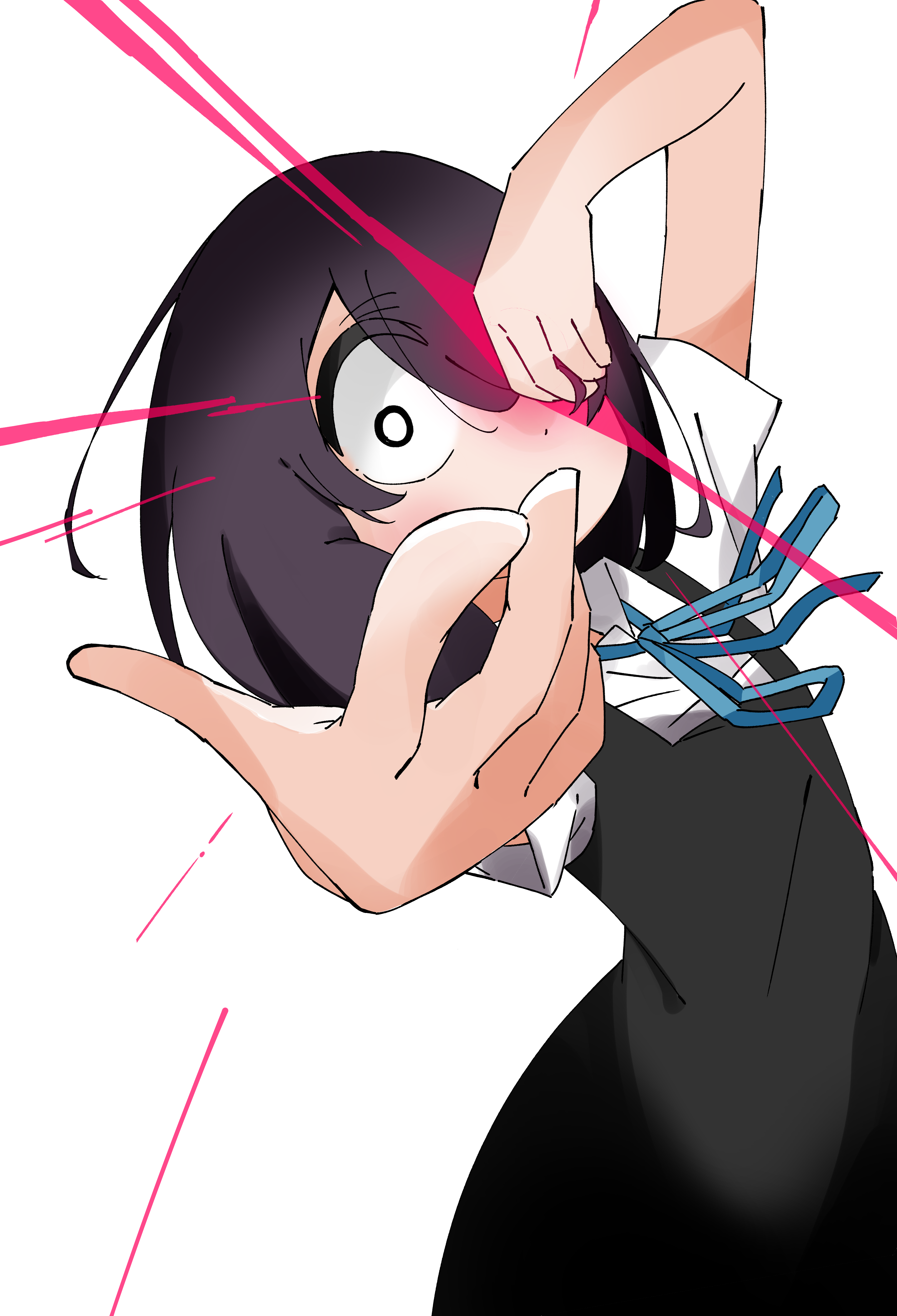 1girl absurdres arm_up black_dress black_hair blue_ribbon dress hair_over_one_eye highres jijou_wo_shiranai_tenkousei_ga_guigui_kuru. kawamura_taku medium_hair nishimura_akane outstretched_arm ribbon shirt solo white_eyes white_shirt