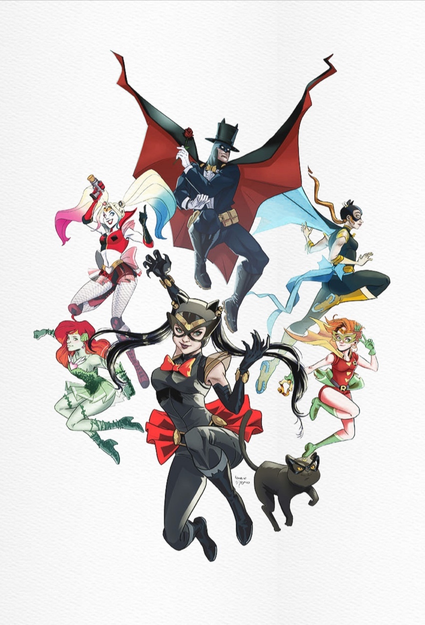 1boy 5girls batgirl batman batman_(series) bishoujo_senshi_sailor_moon black_cat boots cape cat catwoman cosplay crossover dc_comics flower harley_quinn hat highres legs luna_(sailor_moon)_(cosplay) mashup mask multiple_girls parody poison_ivy robin_(dc) rose sailor_moon_(cosplay) simple_background superhero_costume tuxedo_kamen_(cosplay) tuxedo_kamen white_background