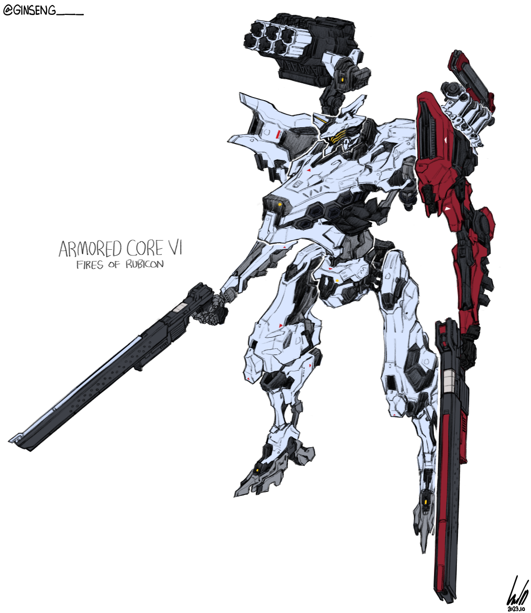 armored_core armored_core_vi:_fires_of_rubicon copyright_name dated ginseng_(xin) gun highres holding holding_gun holding_weapon mecha mismatched_arms missile_pod no_humans rifle robot shoulder_cannon signature simple_background twitter_username weapon white_background
