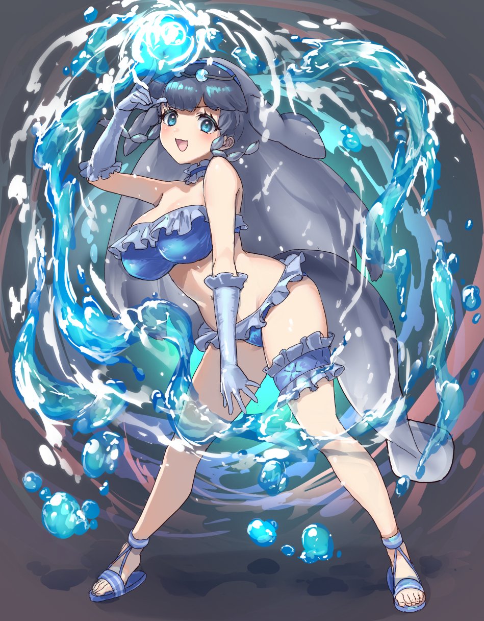 1girl american_manatee_(kemono_friends) bare_shoulders bikini blue_bikini blue_choker blue_eyes blue_sandals blush braid breasts cetacean_tail choker elbow_gloves fins fish_tail frilled_bikini frilled_choker frilled_gloves frills gloves grey_hair head_fins highres kemono_friends kemono_friends_3 long_hair midriff multicolored_hair navel open_mouth orb sandals sidelocks sleeveless smile solo swimsuit tadano_magu tail thigh_strap twin_braids water white_gloves