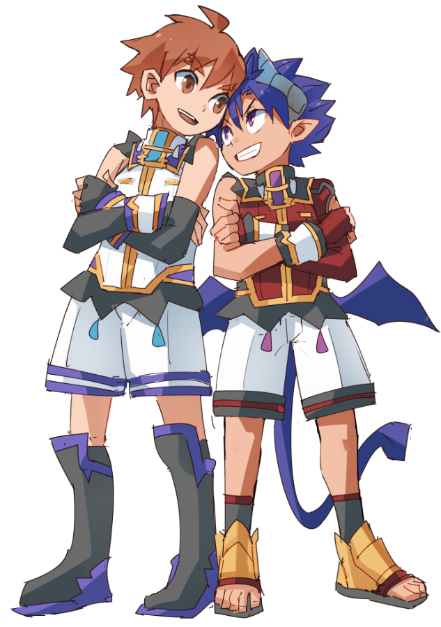 2boys blue_hair brown_hair demon_boy demon_tail demon_wings forked_eyebrows full_body geetgeet grin horns looking_at_another male_focus mini_wings multiple_boys pointy_ears pop-up_story purple_eyes selim_spark simple_background smile tail white_background wings ziz_glover