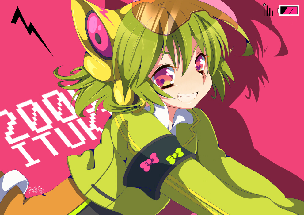 armband green_hair grin neko_(natsuiroclassic) smile solo tagme visor