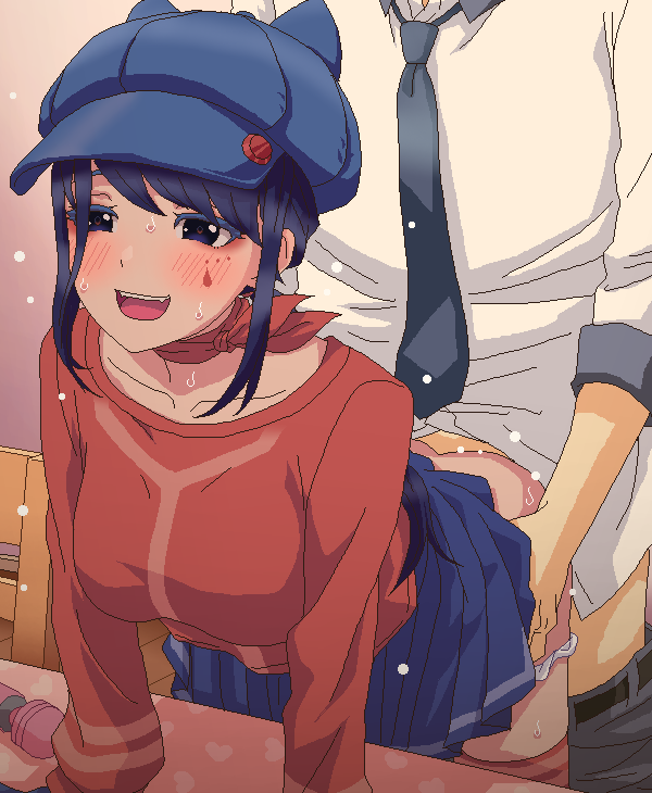1boy 1girl :d black_eyes black_hair black_necktie blue_hat blush breasts clothed_sex commentary_request cool_mita_(miside) hat hetero long_sleeves medium_breasts miside mita_(miside) necktie open_mouth paid_reward_available red_shirt revision sex sex_from_behind shirt short_hair smile standing standing_sex teeth tomu_(tomubobu) upper_teeth_only white_shirt