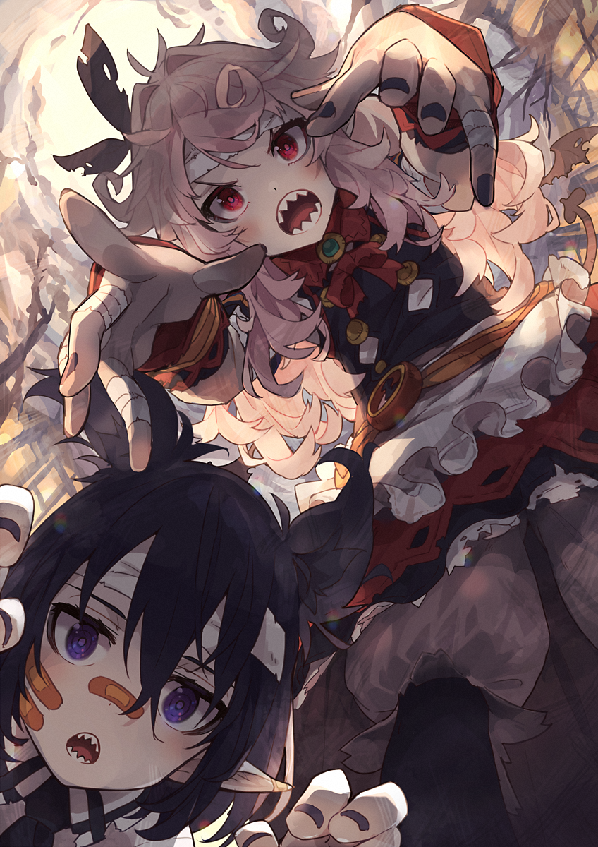 2girls animal_ears bad_id bad_pixiv_id bandaged_hand bandages bandaid black_hair black_nails blush commentary_request fingernails hair_between_eyes halloween_costume highres long_hair looking_at_viewer multiple_girls nail_polish narumi_arata open_mouth original parted_lips pink_hair purple_eyes purple_hair recri_(narumi_arata) red_eyes revision sharp_teeth tail teeth wings zombie