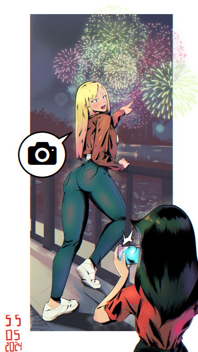 2girls black_hair blonde_hair blunt_bangs breasts camera cellphone cellphone_photo denim highres holding holding_camera holding_phone jacket jeans katou_asuka long_hair looking_at_phone multiple_girls open_mouth pants phone santiagodraws shirt smartphone smile speech_bubble taking_picture watashi_ga_motenai_no_wa_dou_kangaetemo_omaera_ga_warui! yuri