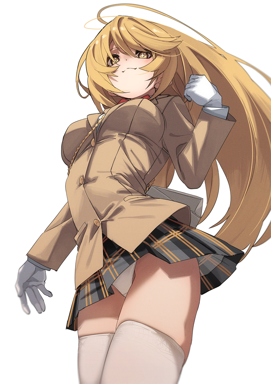 1girl black_skirt blazer blonde_hair bow bowtie breasts brown_jacket closed_mouth commentary fu-ta gloves hair_between_eyes highres jacket long_hair long_sleeves looking_at_viewer medium_breasts panties pantyshot plaid_clothes plaid_skirt red_bow red_bowtie school_uniform shokuhou_misaki simple_background skirt smile solo sparkling_eyes thighhighs thighs toaru_kagaku_no_railgun toaru_majutsu_no_index tokiwadai_school_uniform underwear white_background white_gloves white_panties white_thighhighs winter_uniform yellow_eyes