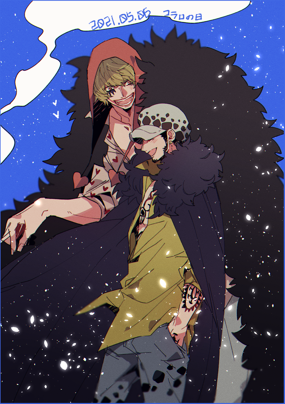2boys :d arm_tattoo black_cape black_coat black_hair blonde_hair blue_background blue_pants blush cape chest_tattoo cigarette coat coat_on_shoulders collared_shirt commentary_request cowboy_shot dated donquixote_rocinante earrings facial_hair facial_mark feather_coat fur-trimmed_cape fur_hat fur_trim goatee gold_earrings hand_in_pocket hand_tattoo hat heart heart_print highres holding holding_cigarette hood jewelry long_sleeves looking_at_another looking_to_the_side male_focus multiple_boys nagisawa_(ngsw_coconut) one_piece open_mouth pants pink_shirt print_shirt profile red_eyes red_hood red_lips shirt short_hair sideburns sleeves_rolled_up smile smoke standing tattoo teeth trafalgar_law white_hat white_pants yellow_shirt