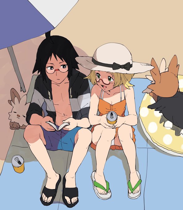 1boy 1girl ahoge beach_towel beach_umbrella bianca_(pokemon) black_hair blonde_hair book breasts can cheren_(pokemon) cleavage collarbone gen_5_pokemon glasses green_eyes herdier holding holding_book holding_can lifebuoy lillipup looking_at_another nashubi_(to_infinity_wow) nintendo panties pokemon pokemon_(creature) pokemon_bw2 sandals small_breasts smile swim_ring towel umbrella underwear