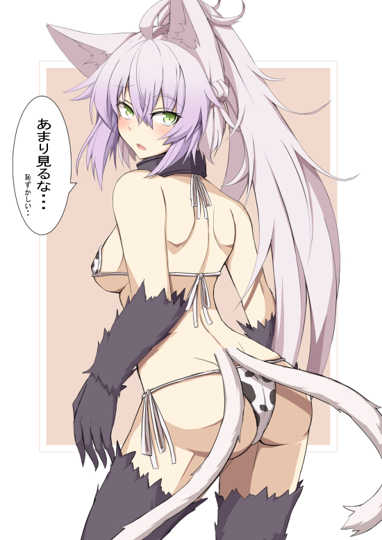 1girl ahoge animal_ears animal_print ass atalanta_alter_(fate) atalanta_(fate) bikini braid breasts cat_ears cat_tail cow_print fate/grand_order fate_(series) french_braid gradient_hair green_eyes grey_hair long_hair medium_breasts multicolored_hair multiple_tails nahu print_bikini purple_hair side-tie_bikini_bottom slit_pupils solo speech_bubble string_bikini swimsuit tail translation_request two_tails white_bikini