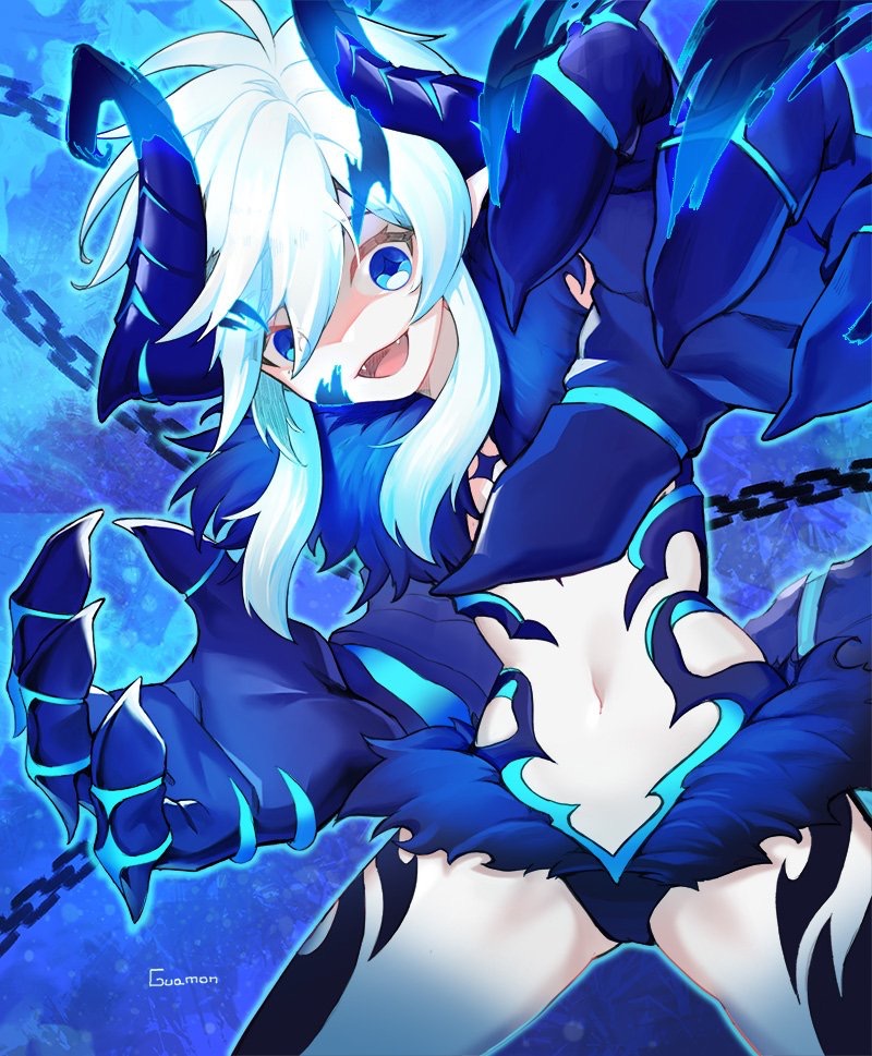 1girl armor artist_name blue_background blue_eyes blue_horns chain commentary_request demon demon_girl demon_horns elsword fangs female_focus fur_trim guamon hair_between_eyes horns iblis_(elsword) leg_tattoo long_hair looking_at_viewer luciela_r._sourcream navel open_mouth pointy_ears short_hair solo star-shaped_pupils star_(symbol) symbol-shaped_pupils tattoo white_hair