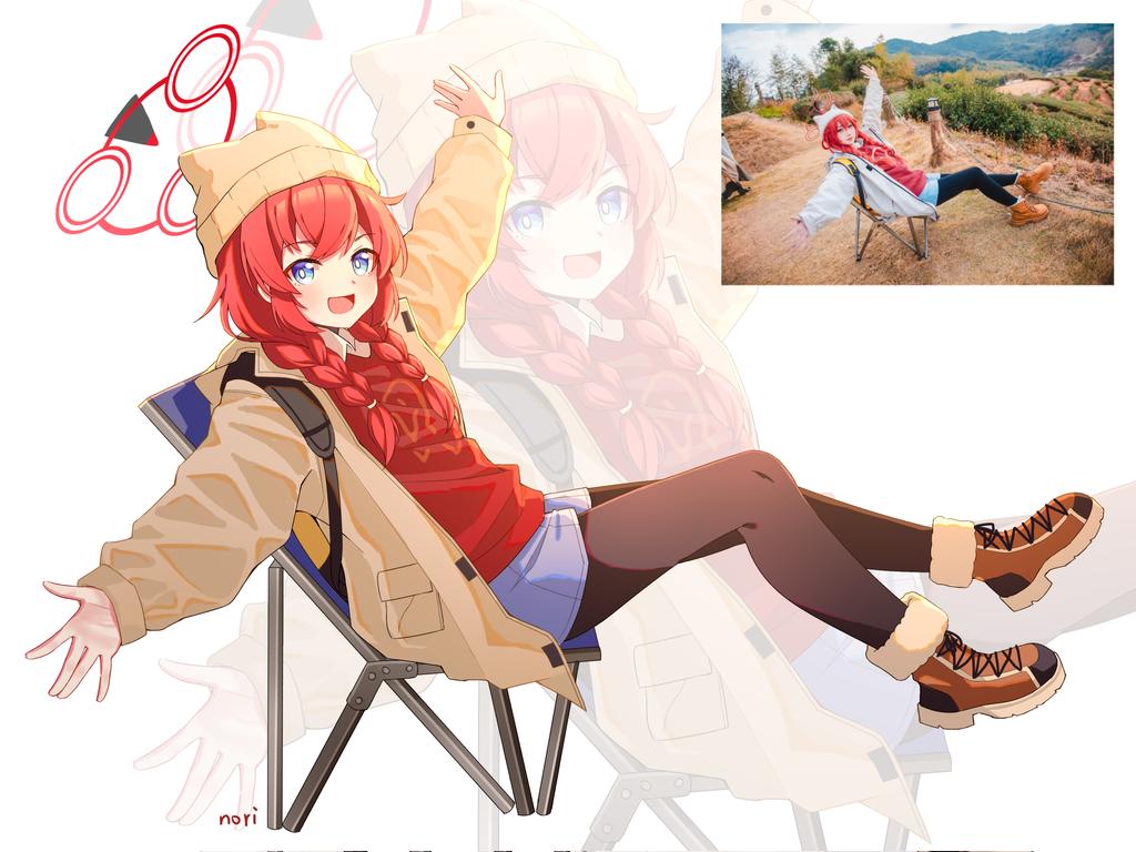 1girl :d \||/ animal_ear_headwear artist_name beanie black_pantyhose blue_archive blue_eyes blue_shorts blush boots braid bright_pupils brown_boots commentary_request fake_animal_ears full_body fur-trimmed_boots fur_trim hair_between_eyes halo hat lace-up_boots long_hair looking_at_viewer maki_(blue_archive) maki_(camp)_(blue_archive) nori6272210 official_alternate_costume official_alternate_hairstyle open_mouth outstretched_arms outstretched_hand pantyhose photo-referenced red_hair red_halo red_sweater shorts simple_background sitting smile solo sweater twin_braids white_background white_pupils zoom_layer