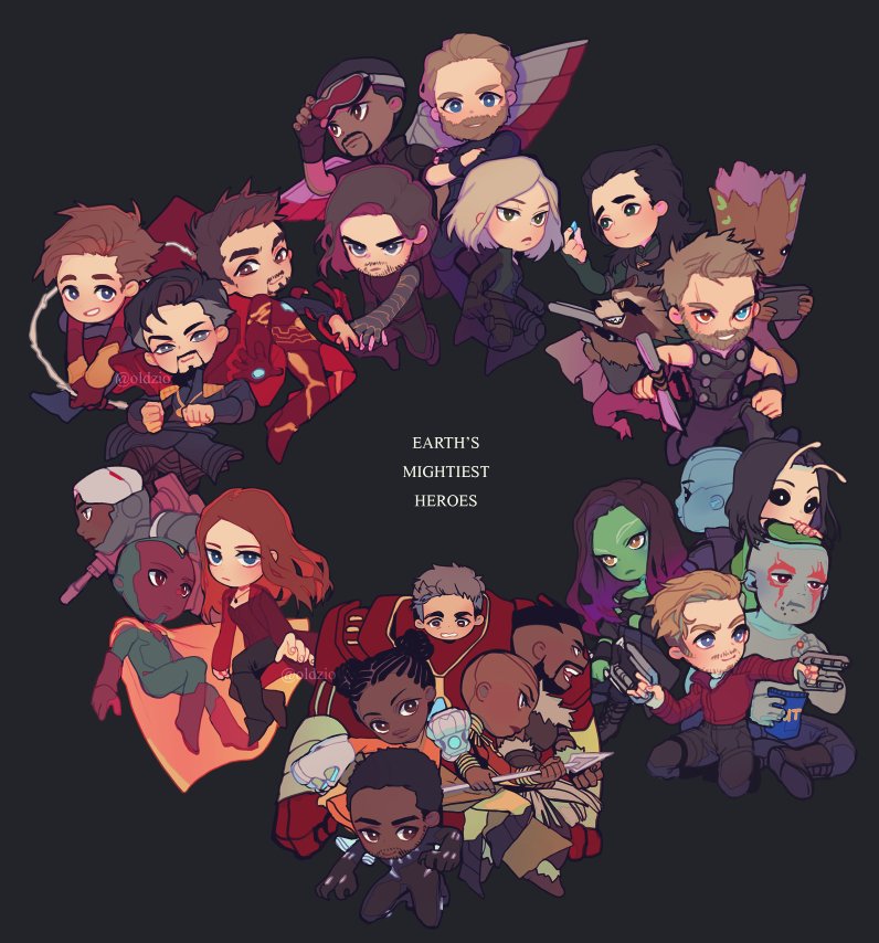 6+boys 6+girls antennae armor artist_name bald bald_girl beard black_background black_hair black_panther_(film) black_panther_(marvel) blonde_hair blue_eyes blue_skin bright_pupils brown_eyes brown_hair bucky_barnes captain_america character_request closed_mouth colored_skin commentary dark-skinned_female dark-skinned_male dark_skin doctor_strange double_bun drax_the_destroyer english_commentary english_text everyone facial_hair gamora goatee gradient_hair groot guardians_of_the_galaxy hair_bun heterochromia hikazio holding holding_polearm holding_weapon iron_man james_rhodes killmonger loki_(marvel) long_hair looking_at_viewer mantis_(marvel) marvel marvel_cinematic_universe merchandise_available multicolored_hair multiple_boys multiple_girls mustache nebula_(gotg) okoye open_mouth peter_parker peter_quill polearm purple_hair red_eyes red_skin rocket_raccoon sam_wilson scar scar_across_eye scar_on_face short_hair shuri_(marvel) simple_background smile spear spider-man steve_rogers t&#039;challa thor_(marvel) tony_stark twitter_username very_dark_skin vision_(marvel) wanda_maximoff war_machine weapon white_pupils winter_soldier