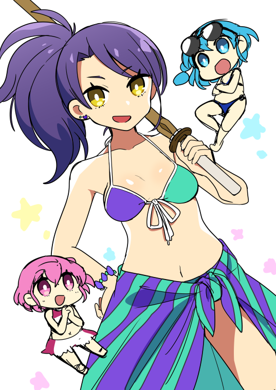 1boy 2girls :d bikini blue_eyes blue_hair bracelet breasts bright_pupils chibi commentary_request cowboy_shot crossdressing dorothy_west dutch_angle earrings eyewear_on_head front-tie_bikini_top front-tie_top hand_on_own_hip hand_up heart heart_earrings holding holding_sword holding_weapon jewelry long_hair looking_at_viewer medium_breasts multiple_girls mzh navel open_mouth over_shoulder pink_hair pretty_series pripara purple_hair reona_west sarong shinai short_hair side_ponytail smile solo_focus standing star_(symbol) sunglasses swimsuit sword sword_over_shoulder toudou_shion trap weapon weapon_over_shoulder white_background white_pupils yellow_eyes