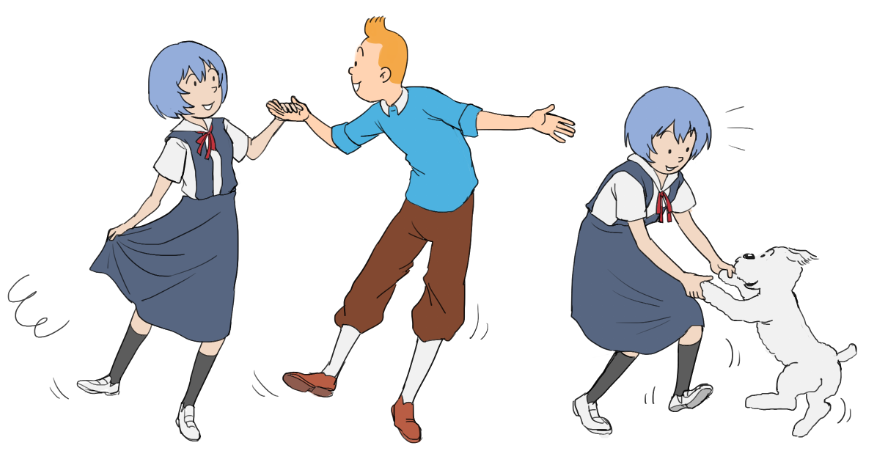 1boy 1girl ayanami_rei black_socks blue_dress blue_hair blue_shirt brown_pants commentary crossover dancing dog dress milou_(tintin) neck_ribbon neon_genesis_evangelion nvi2762 pants pinafore_dress red_hair red_ribbon ribbon school_uniform shirt short_hair simple_background sleeveless sleeveless_dress smile socks symbol-only_commentary tintin tintin_(character) tokyo-3_middle_school_uniform white_footwear white_shirt