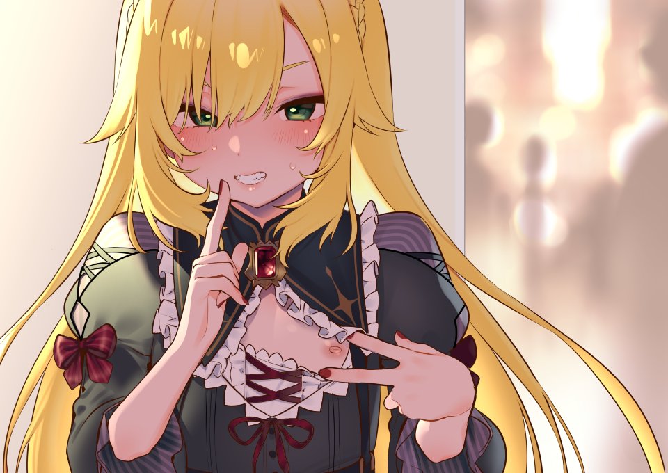 1boy black_dress blonde_hair blush bow brooch clenched_teeth cr-r dress finger_to_mouth frilled_dress frilled_sleeves frills gem green_eyes hair_between_eyes jewelry long_hair long_sleeves looking_at_viewer male_focus nail_polish nijisanji nipples open_mouth red_nails ribbon shushing smile solo sweat teeth trap upper_body uzuki_kou uzuki_kou_(4th_costume) virtual_youtuber