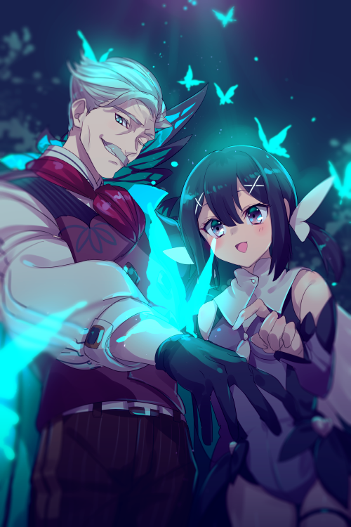 1boy 1girl bare_shoulders black_gloves black_hair blue_butterfly blush breasts brown_eyes bug butterfly cape detached_sleeves echo_(circa) facial_hair fate/grand_order fate/kaleid_liner_prisma_illya fate_(series) feather_hair_ornament feathers gloves grey_hair hair_ornament hairclip insect james_moriarty_(archer)_(fate) leotard long_hair magical_girl miyu_edelfelt miyu_edelfelt_(magical_girl) mustache one_eye_closed open_mouth pants purple_leotard purple_sleeves short_hair sidelocks small_breasts smile striped_clothes striped_pants twintails vest white_cape x_hair_ornament