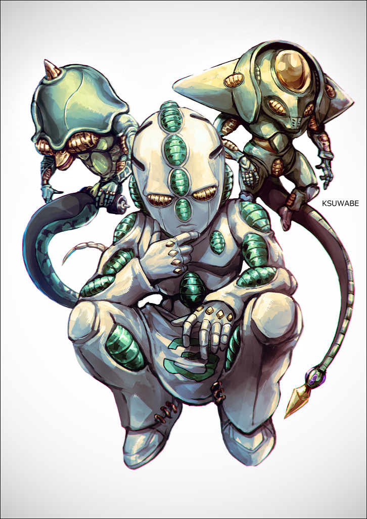 artist_name commentary_request diamond_wa_kudakenai echoes_(stand) echoes_act1 echoes_act2 echoes_act3 full_body gradient_background grey_background jojo_no_kimyou_na_bouken jojo_no_kimyou_na_bouken:_all_star_battle k-suwabe looking_at_viewer no_humans non-humanoid_robot robot stand_(jojo) tail white_background