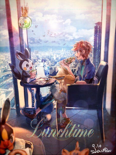 1boy blurry bodysuit brown_hair building chair cloud commentary_request day eating eevee emolga english_text from_side gen_1_pokemon gen_5_pokemon glass indoors jacket lens_flare lillipup male_focus naru_(andante) nate_(pokemon) nintendo pokemon pokemon_(creature) pokemon_bw red_headwear shoes sitting sky solosis table tepig tray visor_cap zipper