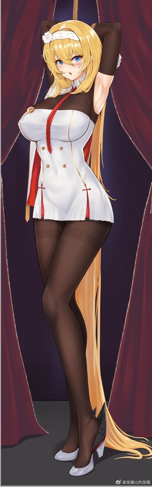 absurdly_long_hair bdsm blonde_hair bondage bound breasts duke_of_york_(warship_girls_r) hairband hei_ling high_heels highres large_breasts long_hair pantyhose solo tagme very_long_hair warship_girls_r