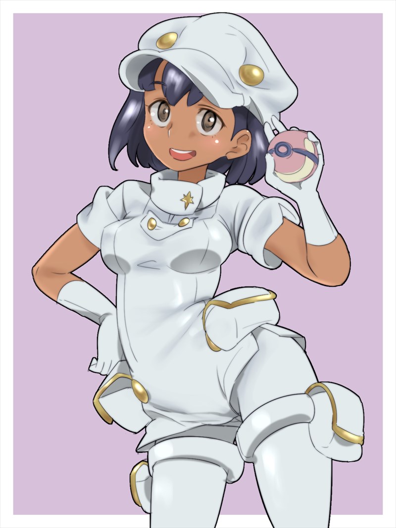 1girl aether_foundation_employee aether_foundation_employee_(female) bad_id bad_pixiv_id black_hair blush border breasts brown_eyes cowboy_shot dark-skinned_female dark_skin female_focus gloves hand_on_own_hip hand_up hat heal_ball holding holding_poke_ball legs_apart looking_at_viewer medium_breasts nintendo npc_trainer open_mouth pantyhose pink_background poke_ball pokemon pokemon_sm pouch short_hair short_jumpsuit short_sleeves simple_background smile solo standing teeth thigh_strap white_border white_gloves white_hat white_pantyhose zaitsu