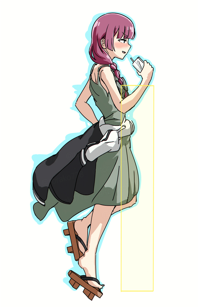 bare_shoulders blue_dress bocchi_the_rock! braid clothes_around_waist darkstalkers demitri_maximoff dress drink full_body geta hiroi_kikuri hitbox holding holding_drink jacket jacket_around_waist long_hair purple_hair simple_background tied_jacket torako_(toramaru) white_background