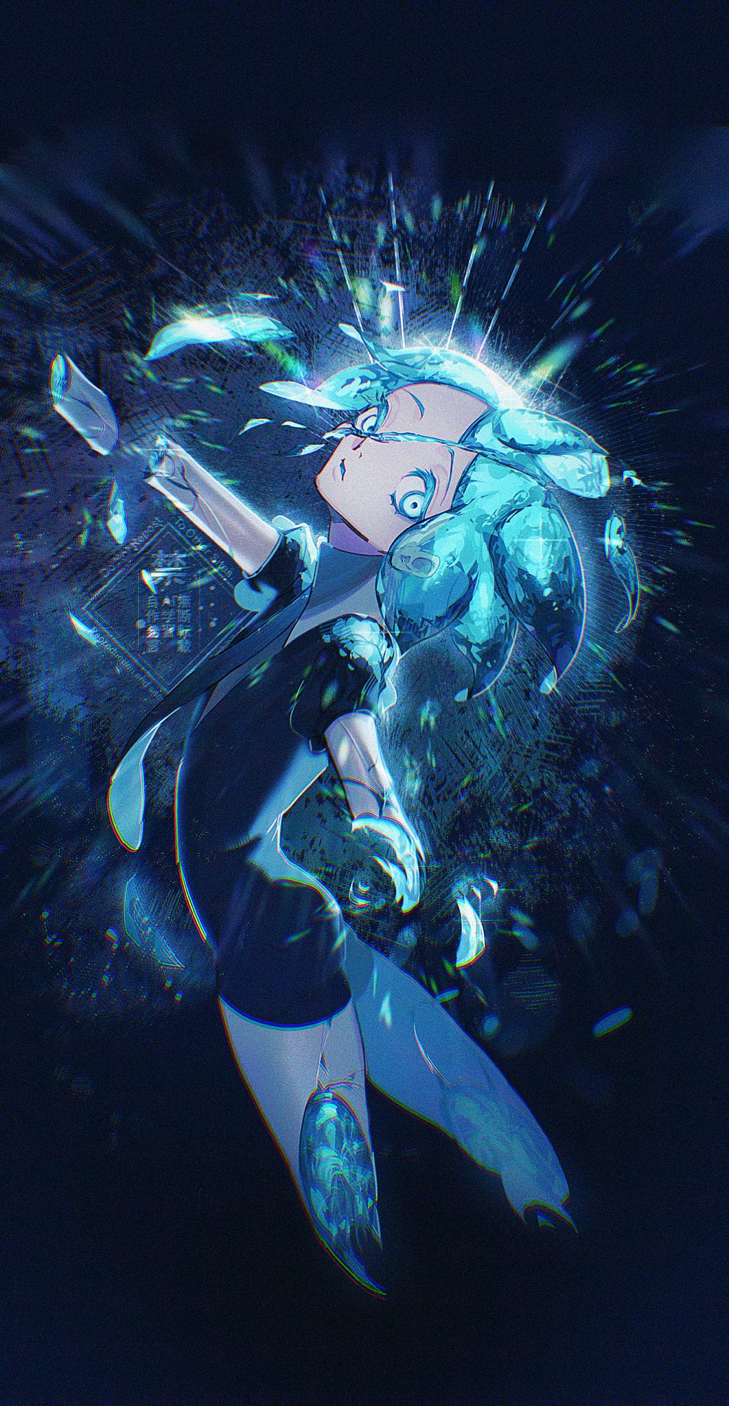 1other amputee blue_eyes blue_hair colored_eyelashes cracked_skin crystal_hair gem_uniform_(houseki_no_kuni) haino_0920 hashtag-only_commentary highres houseki_no_kuni light_particles necktie other_focus phosphophyllite puffy_short_sleeves puffy_sleeves quadruple_amputee redrawn short_shorts short_sleeves shorts solo watermark