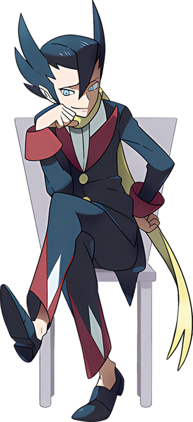1boy black_hair blue_eyes buttons chair clenched_hands closed_mouth crossed_legs full_body grimsley_(pokemon) hair_between_eyes hand_on_own_hip hand_up long_sleeves looking_down male_focus nintendo official_art oomura_yuusuke pants pointy_hair pokemon pokemon_bw scarf shirt shoes sitting smile solo tailcoat transparent_background white_shirt yellow_scarf