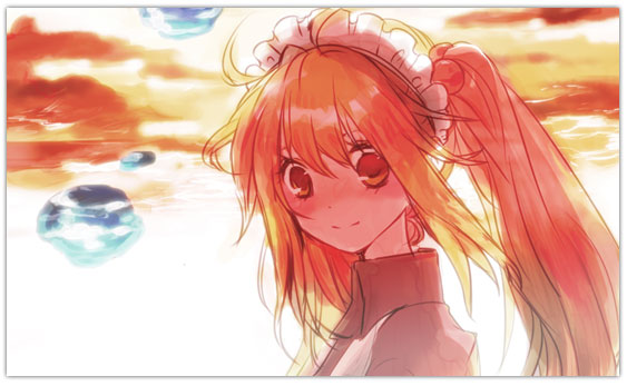 1girl ahoge bad_id blonde_hair blush border brown_dress brown_eyes closed_mouth commentary_request curly_sue dress hair_bobbles hair_ornament kafra_uniform lala_(sputnik) long_hair looking_at_viewer maid maid_headdress ragnarok_online smile solo sunset upper_body water_drop white_border
