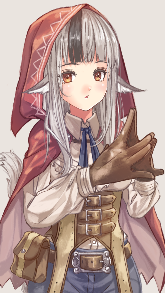 1girl animal_ears belt belt_buckle belt_pouch black_hair blue_ribbon breasts brown_belt brown_corset brown_gloves buckle cape collared_shirt corset fire_emblem fire_emblem_fates fuussu_(21-kazin) gloves grey_hair hood hood_up hooded_cape long_hair long_sleeves medium_breasts multicolored_hair neck_ribbon nintendo open_mouth orange_eyes pouch ribbon shirt solo steepled_fingers streaked_hair tail two-tone_hair velouria_(fire_emblem) white_shirt wolf_ears wolf_girl wolf_tail