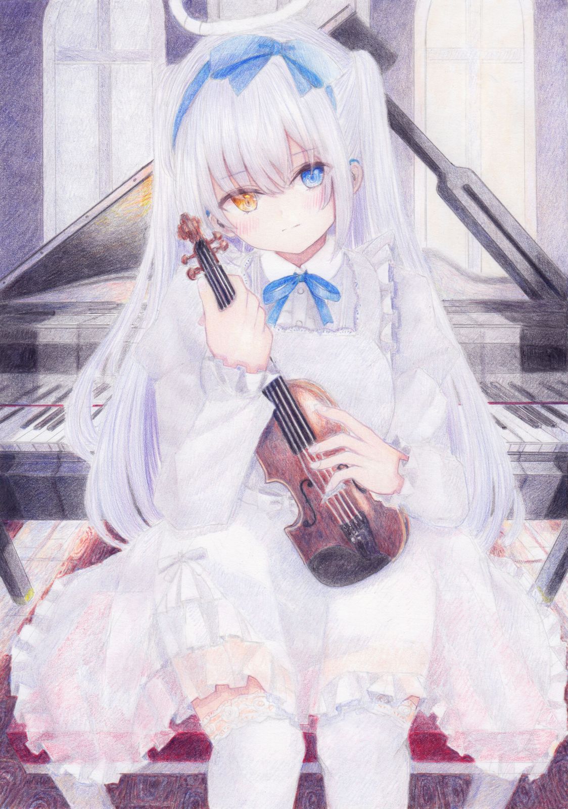 1girl apron blush closed_mouth colored_pencil_(medium) darkkanan deaf disability dress eyes_visible_through_hair frilled_apron frilled_dress frills hair_between_eyes hairband halo head_tilt hearing_aid heterochromia highres instrument long_hair looking_at_viewer original painting_(medium) piano pinafore_dress see-through_clothes sidelocks sitting sleeveless sleeveless_dress solo thighhighs traditional_media twintails violin watercolor_(medium) white_dress white_hair white_thighhighs