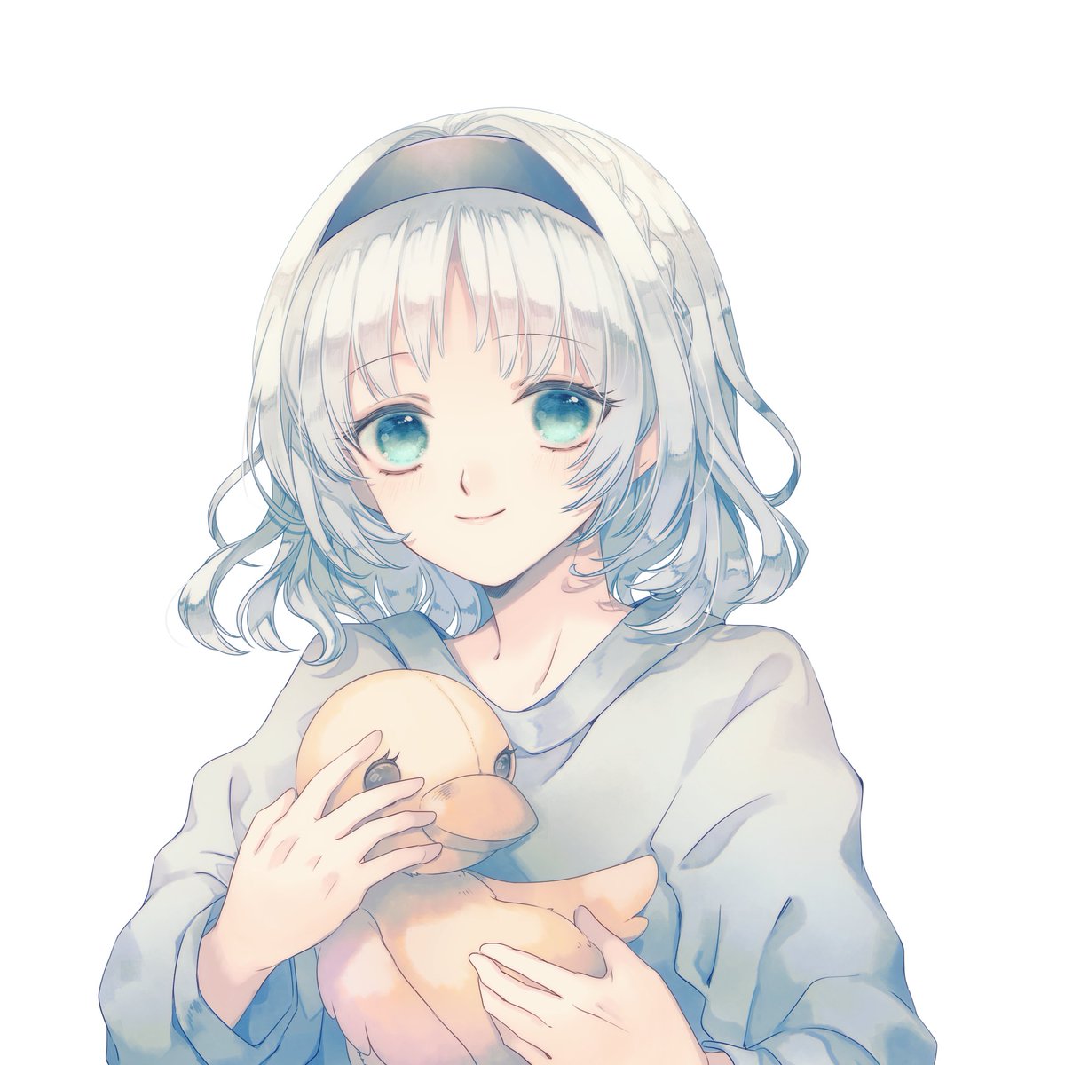 1girl angel braid casual commission green_eyes hairband halo halo_removed headset_removed highres kamishiro_rita hugging_object papermoon_game prism_project second-party_source simple_background skeb_commission solo stuffed_animal stuffed_toy virtual_youtuber white_background white_hair