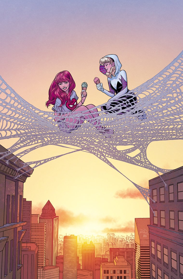2girls black_bodysuit blonde_hair bodysuit building city food gwen_stacy hood hooded_bodysuit ice_cream long_hair marvel mary_jane_watson multicolored_bodysuit multiple_girls outdoors pink_bodysuit red_hair russell_dauterman shirt silk skyscraper spider-gwen spider-man_(series) spider_web sunset white_bodysuit white_shirt