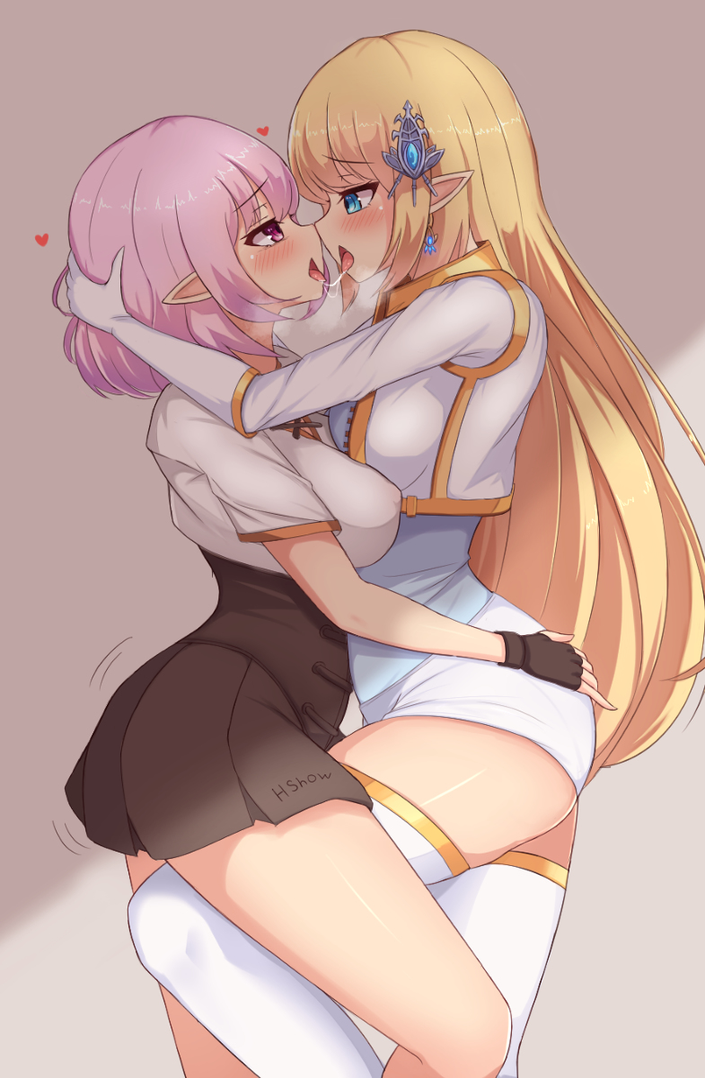 2girls after_kiss artist_name blonde_hair blue_eyes blunt_bangs blush breasts earrings elf gloves hair_between_eyes hair_ornament hand_on_ass heart highres hshow jewelry kiss knees looking_at_another lucid_(maplestory) maplestory mercedes_(maplestory) multiple_girls open_mouth pink_eyes pointy_ears saliva saliva_trail short_hair sidelocks sseong thighhighs thighs tongue tongue_out transparent white_uniform yuri