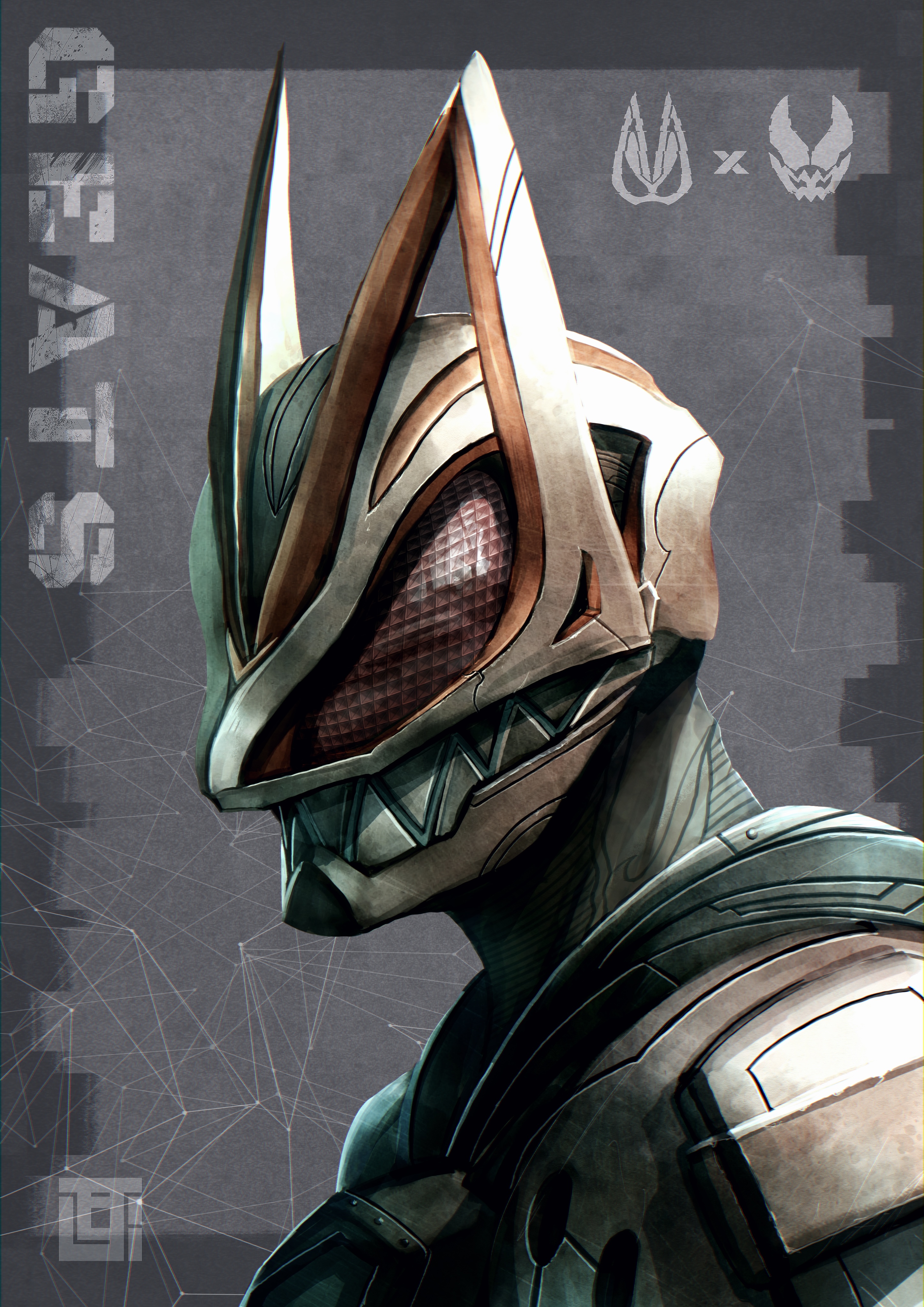 1boy absurdres armor commentary_request compound_eyes cosplay crossover fox_mask grey_background highres kamen_rider kamen_rider_geats kamen_rider_geats_(cosplay) kamen_rider_geats_(series) kamen_rider_revi kamen_rider_revice kitsune kozsen_810290 male_focus mask red_eyes sharp_teeth solo teeth