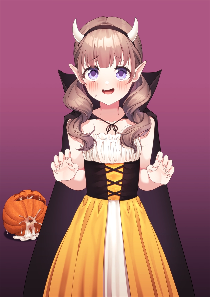1boy after_masturbation black_cloak blush brown_hair cloak collarbone crossdressing cum cum_on_object curly_hair dress fake_horns fang fingernails gradient_background halloween_costume heart highres hokuro_ryuuseigun horns jack-o&#039;-lantern junior_(hokuro_ryuuseigun) long_hair looking_at_viewer open_mouth original pumpkin purple_background purple_eyes sharp_fingernails solo speech_bubble strapless strapless_dress sweatdrop textless_version trap twintails