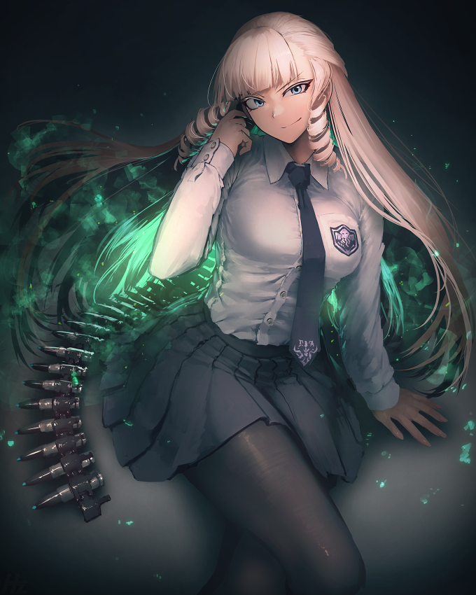 1girl ammunition ammunition_belt black_necktie black_pantyhose black_skirt blonde_hair blue_eyes blunt_bangs buttons closed_mouth collared_shirt drill_hair feet_out_of_frame glowing hetza_(hellshock) long_hair long_sleeves looking_at_viewer necktie original pantyhose pleated_skirt rifle_cartridge school_uniform shirt shirt_tucked_in sitting skirt smile white_shirt