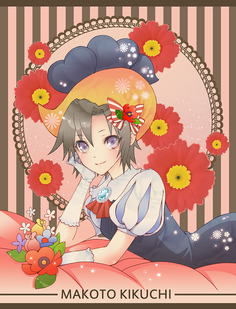 1girl androgynous bad_id bad_pixiv_id brooch character_name cosplay female_focus flower gloves hat idolmaster idolmaster_(classic) jewelry kikuchi_makoto kixkanon princess_sapphire princess_sapphire_(cosplay) puff_and_slash_sleeves puffy_sleeves purple_eyes reverse_trap ribbon_no_kishi short_hair smile solo striped_background