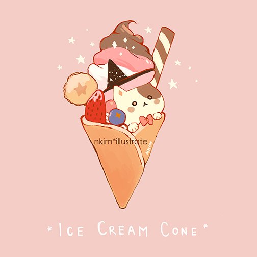 artist_name blueberry blush bow bowtie cat drinking_straw english_text food food_focus fruit hat ice_cream ice_cream_cone nadia_kim neapolitan_ice_cream no_humans original pink_background pink_neckwear simple_background sparkle star_(symbol) strawberry witch_hat