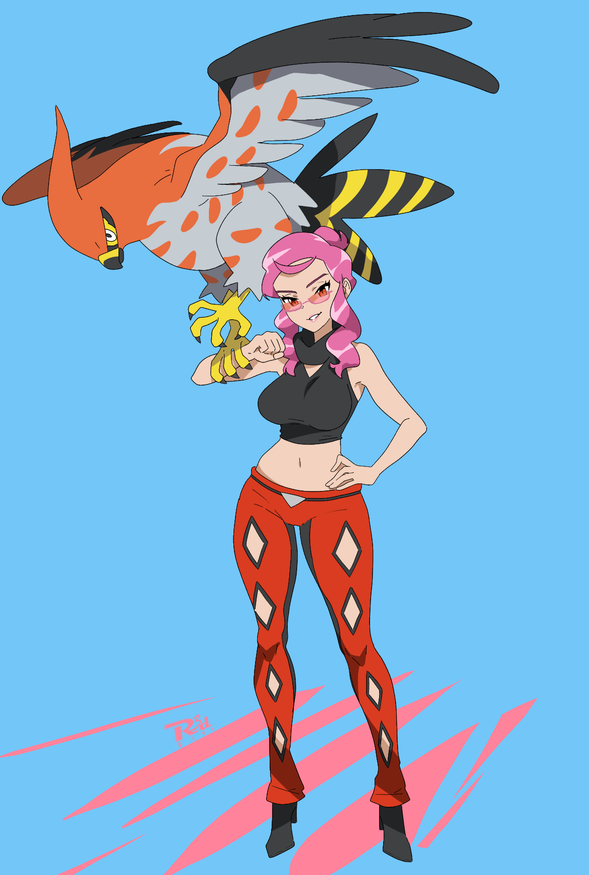 1girl 1other artist_logo artist_name beak belt bird bird_tail bird_wings boots breasts crop_top feathered_wings gen_6_pokemon glasses hand_on_own_hip head_crest high_heels highres logo looking_at_viewer malva_(pokemon) medium_breasts midriff navel nintendo open_clothes open_pants pants pink_hair pokemon pokemon_(creature) pokemon_xy r3dfive red_eyes shirt sleeveless sleeveless_shirt tail talonflame talons tinted_eyewear wings
