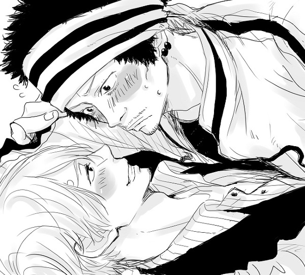 2boys aya_(6335) east_blue gin_(one_piece) headband male_focus monochrome multiple_boys one_piece pixiv_sample resized sanji_(one_piece) yaoi